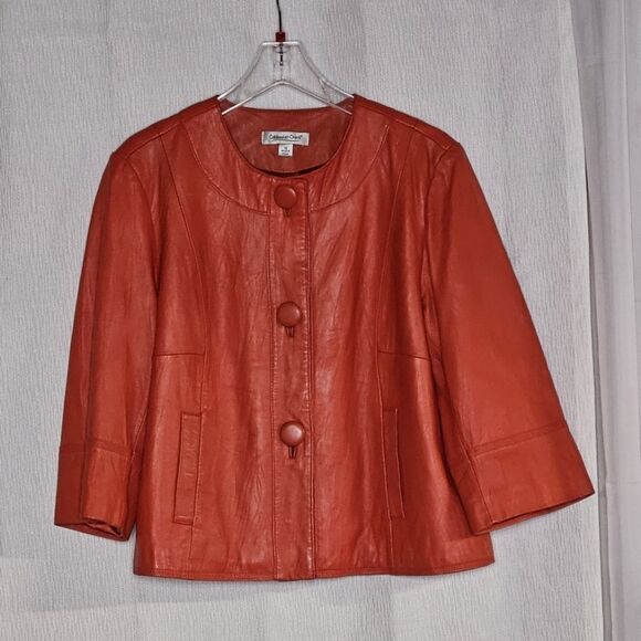 Coldwater Creek Pumpkin Orange Button Front Side Pockets Flared Leather Jacket - Picture 1 of 12